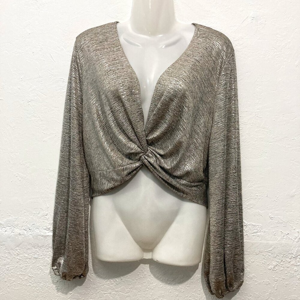 Altar'd State Boho Cropped Long Sleeve Blouse Top Front Knot Metallic Size L